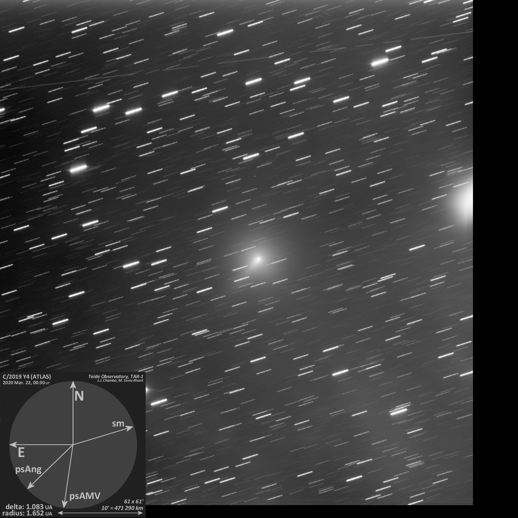 Imagen del cometa C/2019 Y4 (ATLAS) obtenida el 22 de Marzo de 2020 por el Telescopio TAR1 (Miquel Serra-Ricart, José J. Chambó, Observatorio del Teide, IAC).