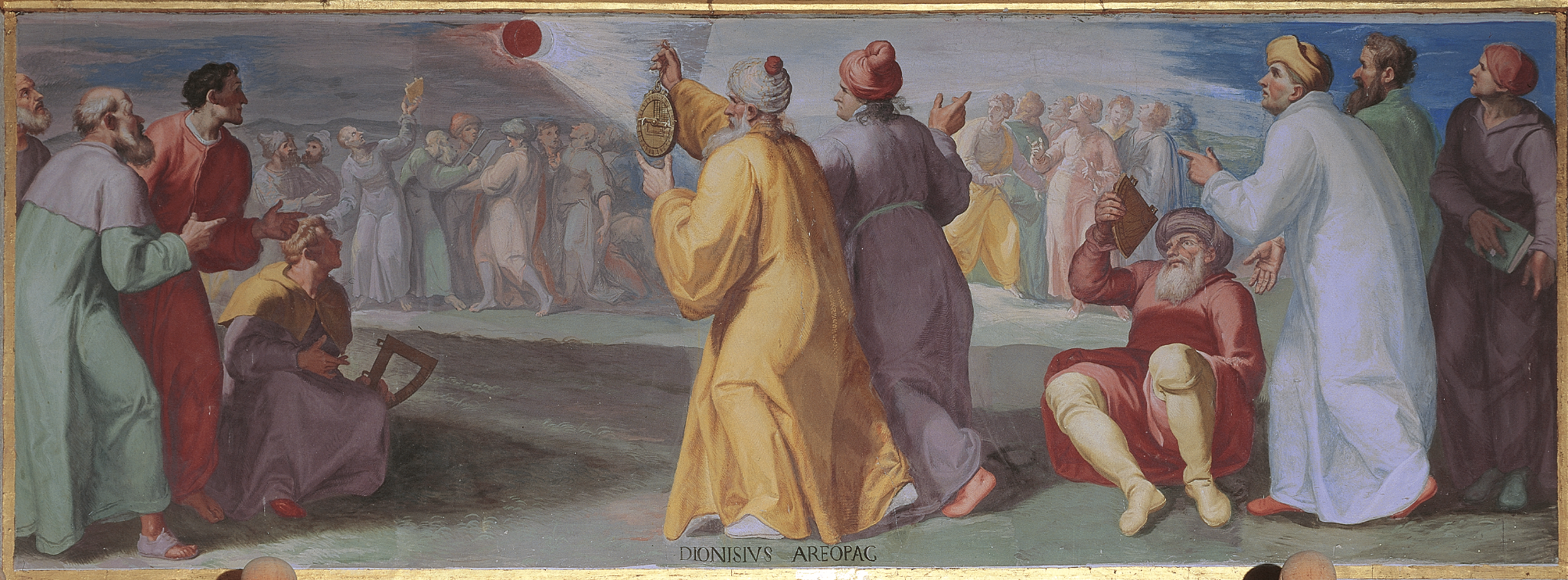 •	Dionisio Areopagita observando el eclipse de la crucifixión, fresco del siglo XVIen la Real Biblioteca del Monasterio de San Lorenzo de El Escorial, obra de Pellegrino Tibaldi. 