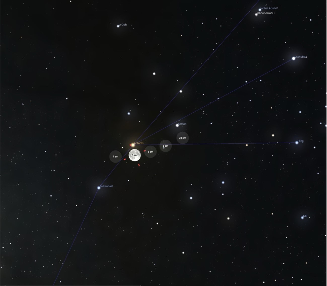 Región del cielo de la Constelación del Escorpión, una de las más fácilmente reconocibles. Durante la noche del 23 al 24 de mayo, desde Canarias, la Luna cruzará muy próxima a la estrella Antares, el corazón del escorpión.  