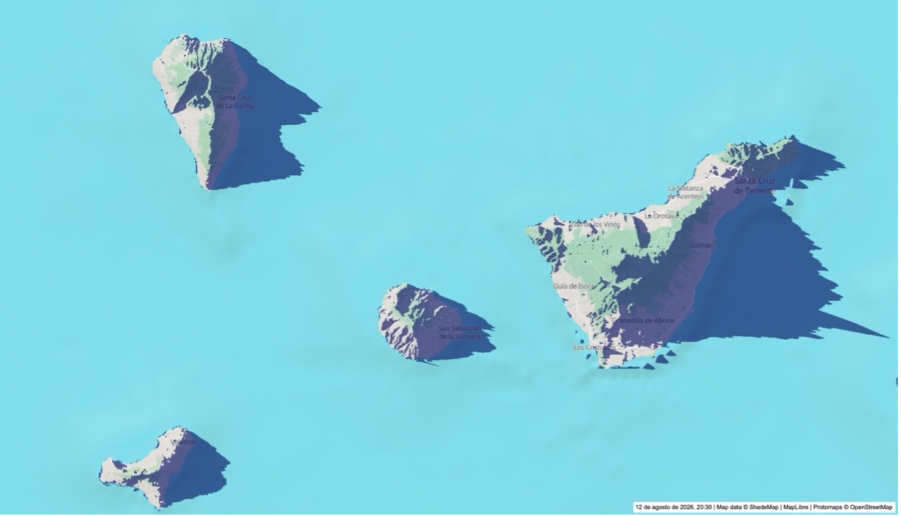 Situación a las 20:30 en la provincia de S/C de Tenerife. El momento más crítico será el final del eclipse (20:45), dado que coincide prácticamente con la puesta de Sol. 
