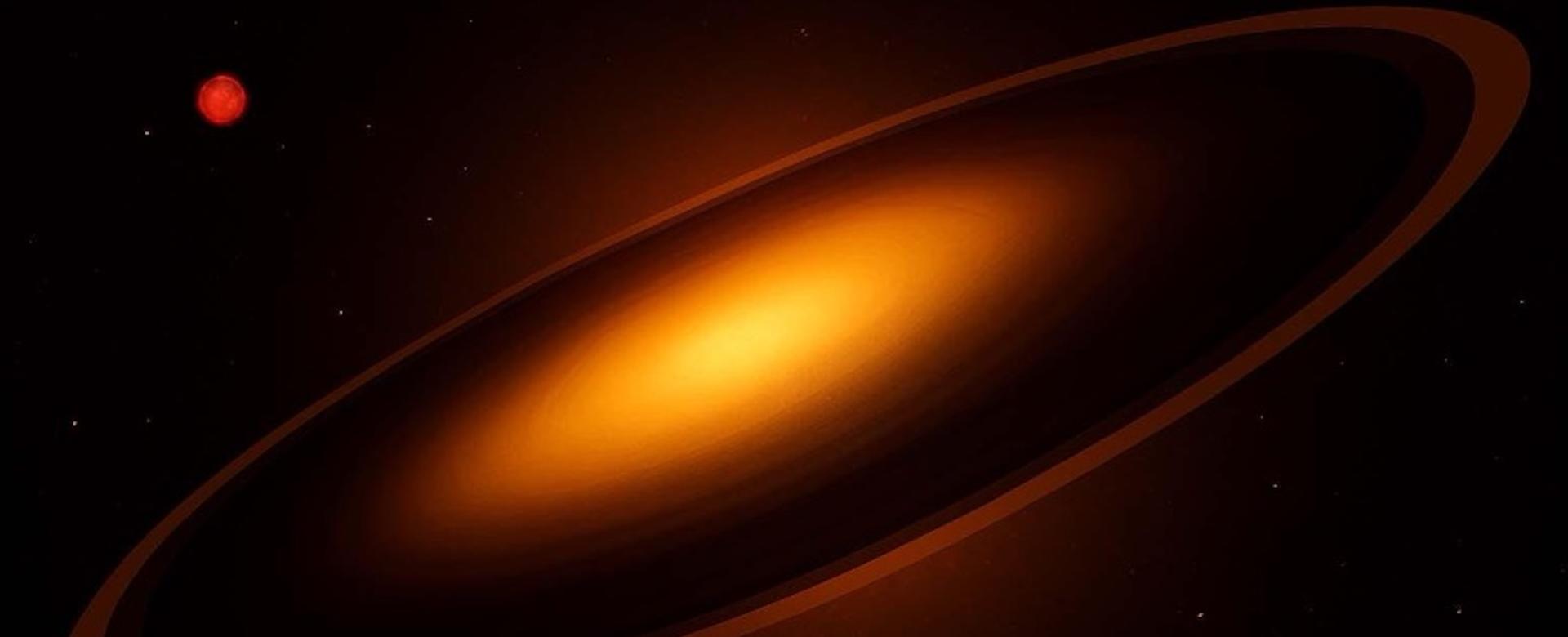 Eclipse provocado por un superjúpiter o enana marrón con anillos masivos 