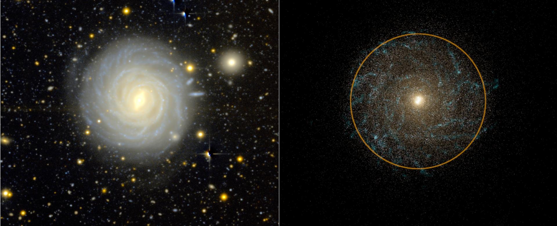 Comparación entre una galaxia observada (izquierda) y una galaxia simulada (derecha) que muestra similitudes en masa y tamaño.