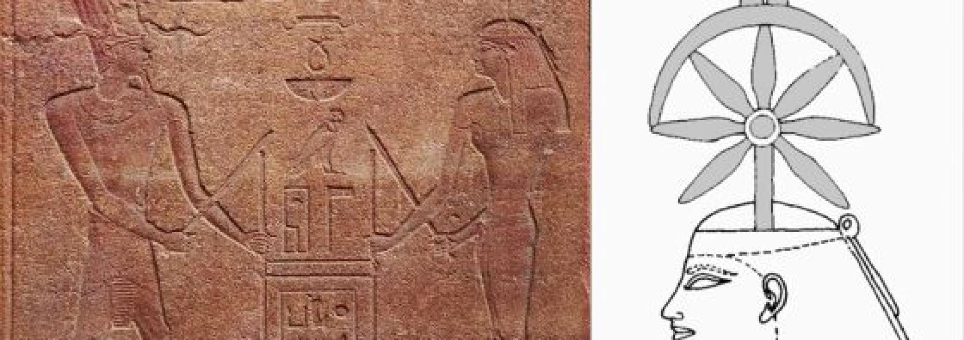 La “rey” Hatshepsut y Seshat tensando la cuerda en Karnak e imagen de la diosa con su signo jeroglífico sobre la cabeza. Crédito: Juan Antonio Belmonte.