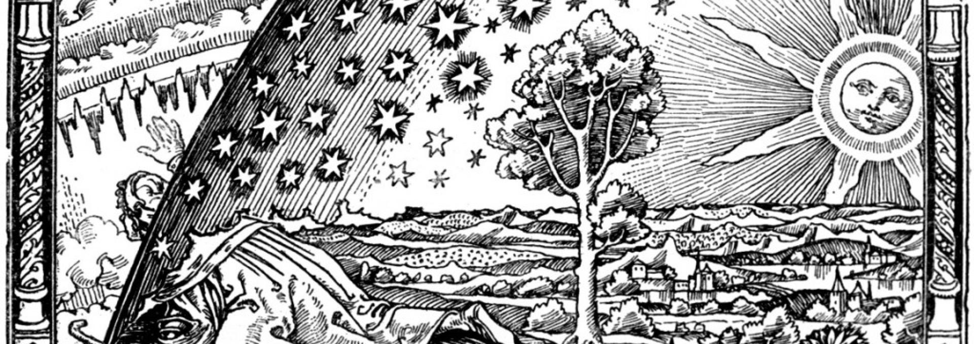 El Grabado Flammarion, ilustración aparecida en L’Atmosphere: Météorologie Populaire (Paris, 1888), pág 163 . El pie de foto en la obra original dice: “Un misionero medieval cuenta que había encontrado el lugar en el que el Cielo y la Tierra se encuentran”.