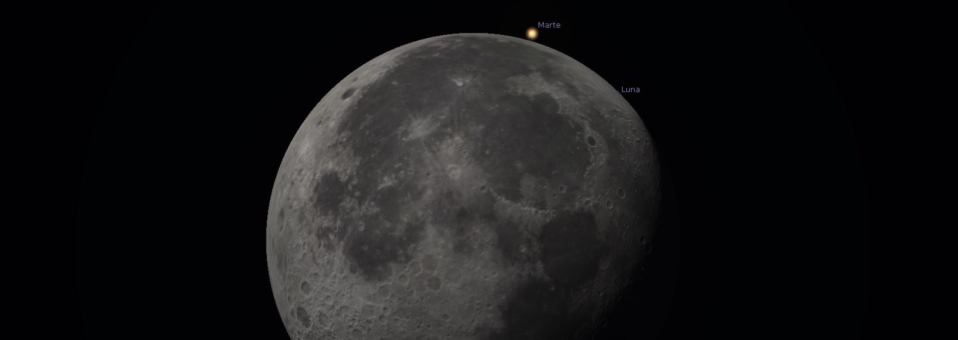 Simulación de la ocultación de Marte por la Luna la madrugada del domingo. Crédito: Stellarium.
