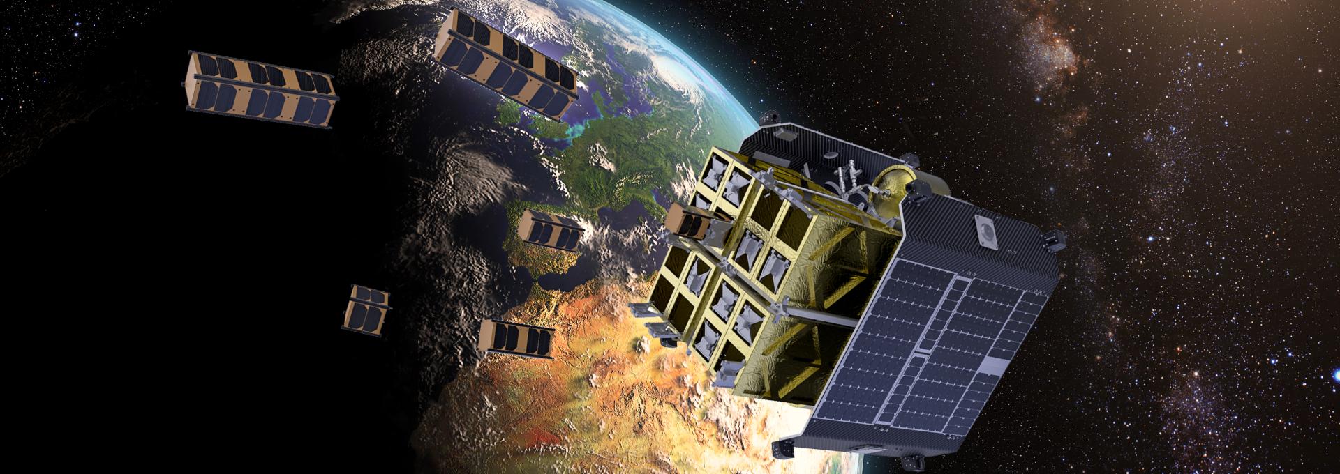 Imagen simulada de una cápsula liberando nanosatélites independientes en el espacio