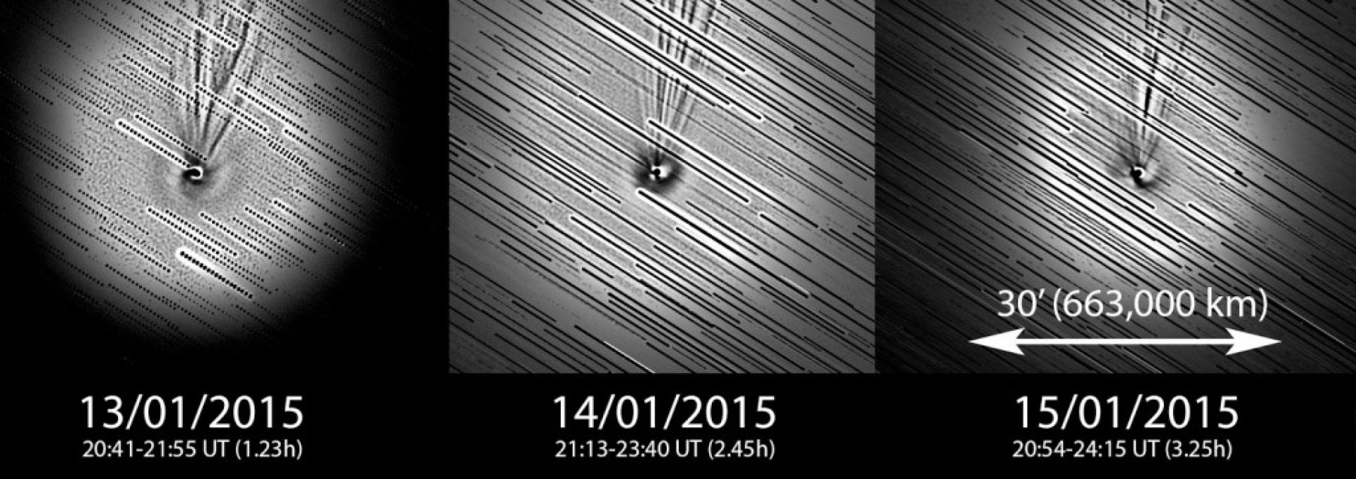 Figura 1.- Formación de chorros (o jets) en el interior de la coma del cometa Lovejoy. Las distintas imágenes son una combinación de una imagen directa (telescopio ASA12N-DDM85, cámara FLI PL 16803 -4k- y sin filtro, Observatorio del Teide, IAC) y una imagen tratada con un filtro Laplaciano para resaltar e identificar los chorros nucleares.