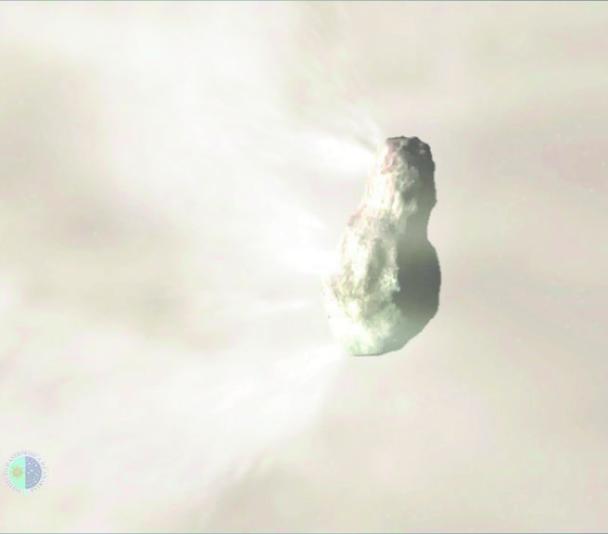 Head, nucleus and surface of a comet. Gas jets and fragments. Zoom in.
