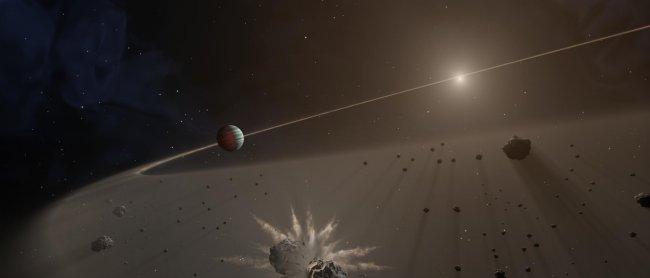This artist's rendering shows a disk of dust and planetary fragments around a star. Credit: NASA/JPL-Caltech. 