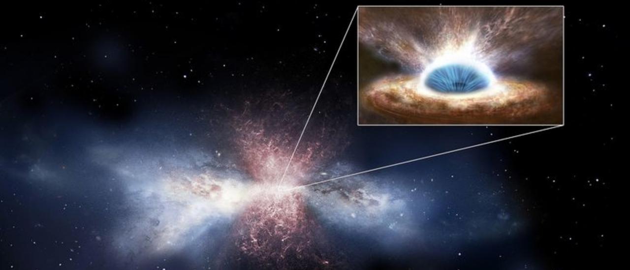 Simulación artística. Los vientos del agujero negro barren el gas de las galaxias. 
