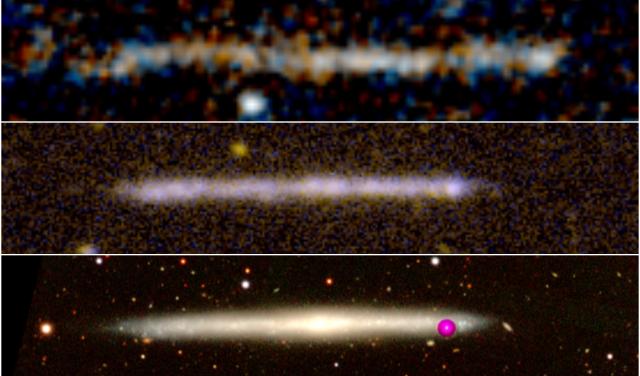 Comparison between a trail of stars and an edge-on galaxy IC5249