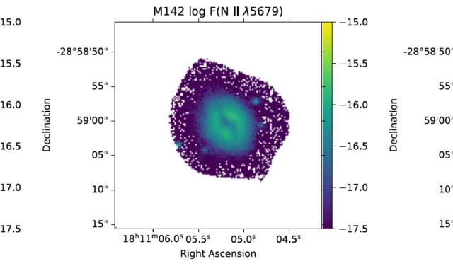 Left panel: spatial distribution of the auroral [N II] λ5755 emission line in the PN M 1-42 prior to applying the recombination contribution. Middle panel: spatial distribution of the N II λ5679 recombination line. Right panel: same as left panel after applying the recombination contribution correction.
