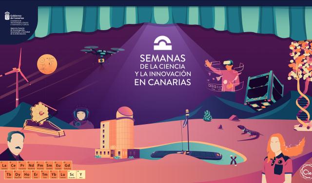 Cartel que muestra varios objetos científicos y tecnológicos, como satélites, telescopios, moléculas de ADN y la tabla periódica sobre un paisaje volcánico