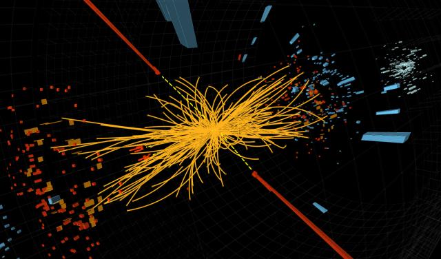 Particle physics experiment at CERN (European Organisation for Nuclear Research): proton collision measured by the CMS (Compact Muon Solenoid) experiment, candidate for the production of 1 Higgs.