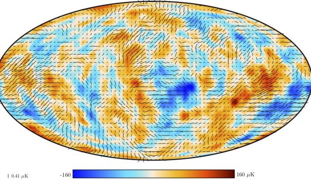 Map of intensity and polarisation fluctuations of the Cosmic Microwave Background (CMB) provided by the Planck satellite. 