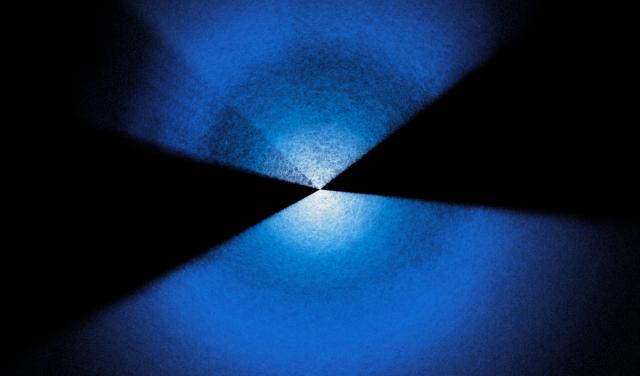 Dos abanicos con lunares azules y blancos que se extienden hacia arriba y hacia abajo desde el centro sobre un fondo negro.