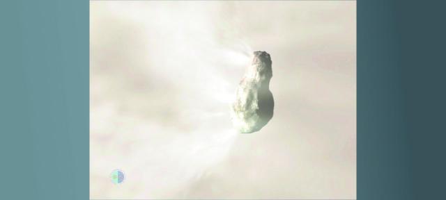 Head, nucleus and surface of a comet. Gas jets and fragments. Zoom in.