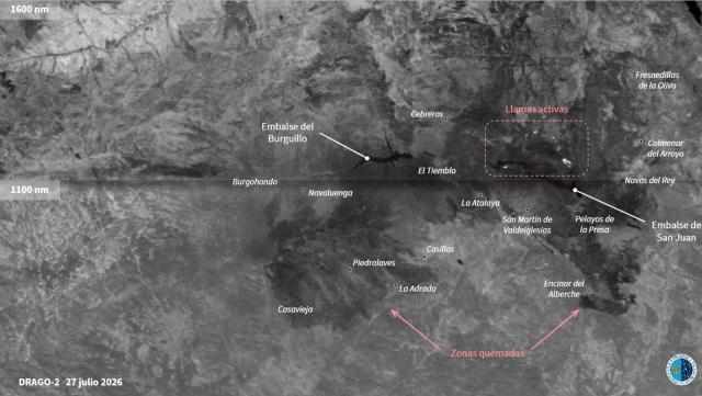 Grayscale DRAGO-2 image showing two SWIR bands of the Ávila and Madrid wildfires, with active flames appearing as bright points and burned areas in darker tones.