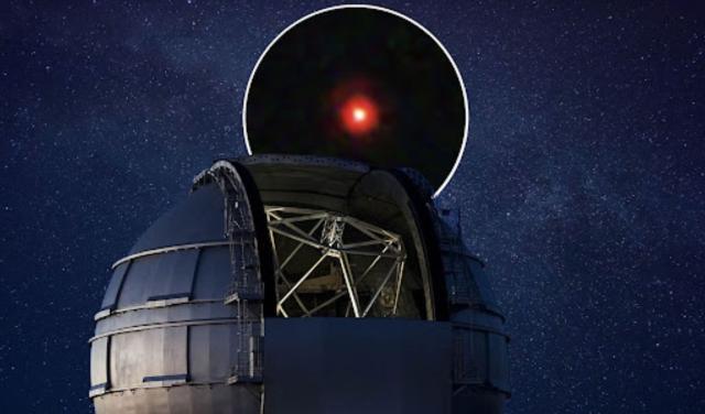 Artist's impression of the Gran Telescopio Canarias observing a Little Red Dot. Image credits: NASA, ESA, CSA, STScI, Dale Kocevski (Colby College). Composition: Gabriel Pérez Díaz (IAC).