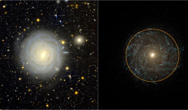 Comparison between an observed galaxy (right) and a simulated galaxy (left) showing similarities in mass and size.