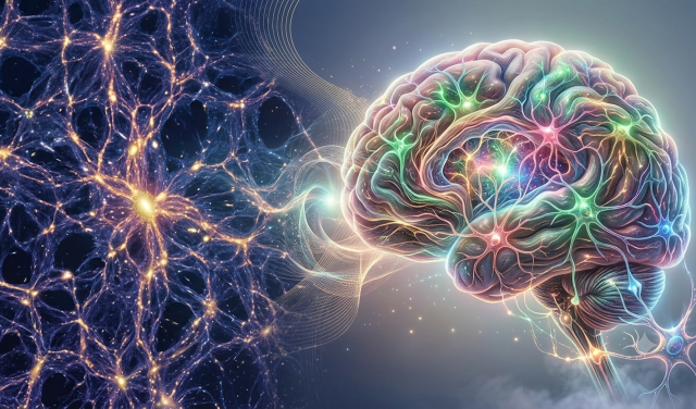 Esta imagen ilustra la sorprendente similitud estructural entre la red cósmica del universo (filamentos de galaxias) y la red neuronal del cerebro humano, sugiriendo una organización universal de sistemas complejos a diferentes escalas