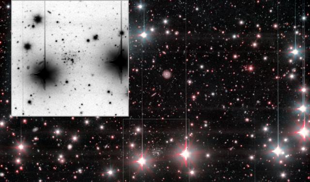 Stacked GTC OSIRIS+ image of And XXXVI. And XXVI is clearly evident in-between two bright foreground stars. In the inset we show a negative colour zoom-in on And XXVI. 