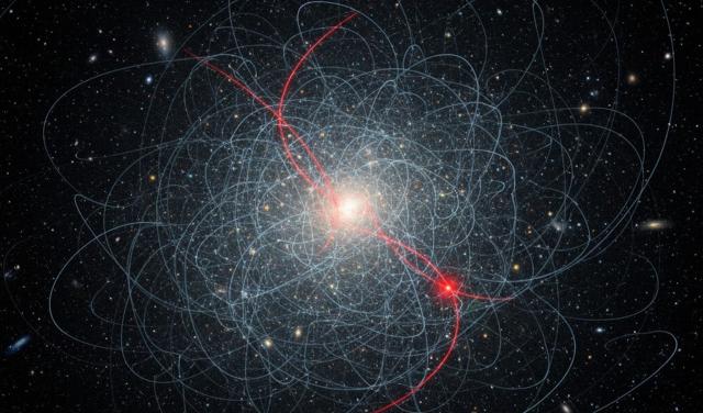 Recreación de colisiones entre partículas de materia oscura. Una colisión por partícula cada 10.000 millones de años explica la distribución de materia oscura en las galaxias enanas ultradébiles.