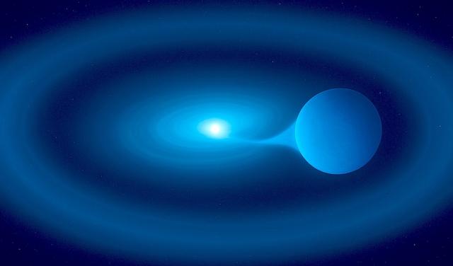 Representación artística del sistema estelar V Sagittae, donde una enana blanca superdensa extrae materia de su compañera más grande. Al no poder asimilar toda la masa transferida, se forma a su alrededor un brillante anillo de gas.