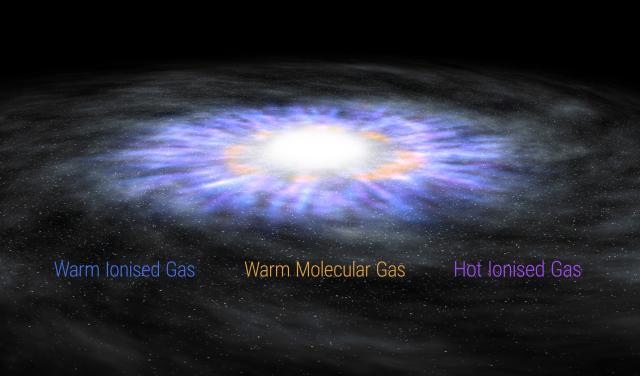 Artistic illustration showing warm and hot ionised winds and the warm molecular gas rotating within a galaxy hosting an AGN. Credit: Gabriel Pérez Díaz (IAC).  