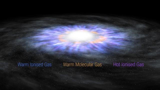 Artistic illustration showing warm and hot ionised winds and the warm molecular gas rotating within a galaxy hosting an AGN. Credit: Gabriel Pérez Díaz (IAC).  