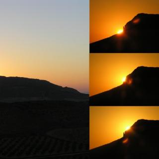 Amanecer desde el santuario ibérico de El Amarejo (Bonete, Albacete) el equinoccio de otoño de 2004. La foto de la izquierda muestra una vista general de la montaña que domina el horizonte oriental del yacimiento justo en el momento en que aparecen los primeros rayos del Sol. Las tres fotos de la derecha muestran diferentes instantes en la trayectoria solar tangente a la ladera norte de la montaña (el tiempo transcurre de arriba hacia abajo). Fotos: César Esteban. Amanecer desde el santuario ibérico de El Amarejo (Bonete, Albacete) el equinoccio de otoño de 2004. La foto de la izquierda muestra una vista general de la montaña que domina el horizonte oriental del yacimiento justo en el momento en que aparecen los primeros rayos del Sol. Las tres fotos de la derecha muestran diferentes instantes en la trayectoria solar tangente a la ladera norte de la montaña (el tiempo transcurre de arriba hacia abajo). Fotos: César Esteban.