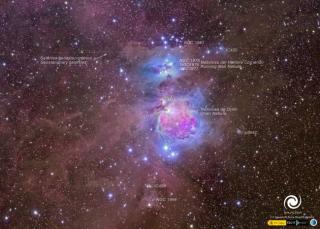 M42, the Orion Nebula, also known as NGC 1796 is a diffuse nebula below Orion's Belt. It is one of the brightest nebulae in the sky, and can be observed with the naked eye during the night. It is some 1,270 light years away, and has a diameter of some 24 M42, the Orion Nebula, also known as NGC 1796 is a diffuse nebula below Orion's Belt. It is one of the brightest nebulae in the sky, and can be observed with the naked eye during the night. It is some 1,270 light years away, and has a diameter of some 24