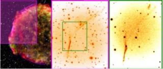 Left. Composite image of the remnant of Tycho Brahe’s supernova (1572) using data from the Chandra x-ray satellite observatory (yellow, green, blue (credits NASA/SAO), from the Spitzer infrared satellite observatory (red, credits, NASA/JPL-Caltech), and
Left. Composite image of the remnant of Tycho Brahe’s supernova (1572) using data from the Chandra x-ray satellite observatory (yellow, green, blue (credits NASA/SAO), from the Spitzer infrared satellite observatory (red, credits, NASA/JPL-Caltech), and