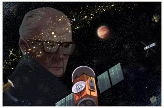 Artistic (unrealistic) representation of a Clarke exobelt and portrait of Sir Arthur C. Clarke. Credit: Caro Waro (@carwaro).
