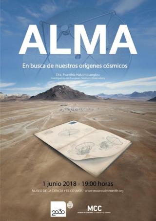 Cartel anunciador de "ALMA: en busca de nuestros orígenes cósmicos". Crédito: Museos de Tenerife. Cartel anunciador de "ALMA: en busca de nuestros orígenes cósmicos". Crédito: Museos de Tenerife.