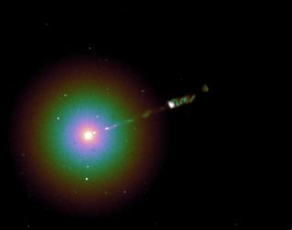 M87 image taken with WFC3 from HST (2016) with the F814W filter. Different knots can be seen along the jet, including the first HST-1 knot. Credit: ESA M87 image taken with WFC3 from HST (2016) with the F814W filter. Different knots can be seen along the jet, including the first HST-1 knot. Credit: ESA