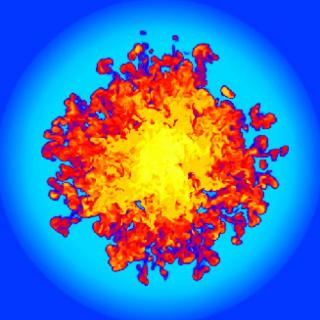 Simulaciones por superordenador permiten estudiar la evolución de remanentes de supernova y su polvo. En la imagen se muestra una región con un tamaño de alrededor de 100 años luz y la intricada estructura del polvo creado por una explosión de supernova t 12010