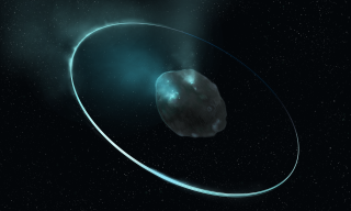 Representación artística de 2060 Quirón, un centauro activo, rodeado por un tenue disco de escombros. En su superficie son visibles depósitos de hielo brillantes y zonas activas. Créditos: William D. González Sierra del Instituto Espacial de Florida