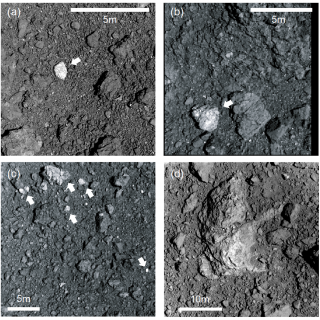High-resolution images of the bright boulders in Ryugu High-resolution images of the bright boulders (arrows) during Hayabusa2 proximity operations. Especially, the images obtained during the first touchdown operation (a-c) show much smaller bright fragments in regolith everywhere (adapted from Fig.1 in Tatsumi et al. 2021).