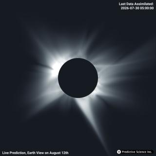 Simulación de la corona solar prevista para el eclipse del 12 de agosto, calculada con el superordenador de La Palma para la ubicación de Palencia. Crédito: IAC / Predictive Science Inc. (PSI).