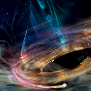 En esta representación artística, una corriente de materia sigue a una enana blanca (esfera inferior derecha) que orbita dentro del disco de acreción más interno que rodea al agujero negro supermasivo de 1ES 1927.Crédito: NASA/Aurore Simonnet, Sonoma State University