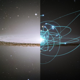 Ilustración artística que combina una imagen real de una galaxia con la representación de las órbitas estelares en su interior, para mostrar cómo el estudio de los movimientos de las estrellas permite reconstruir la historia de las galaxias Ilustración artística que combina una imagen real de una galaxia con la representación de las órbitas estelares en su interior, para mostrar cómo el estudio de los movimientos de las estrellas permite reconstruir la historia de las galaxias