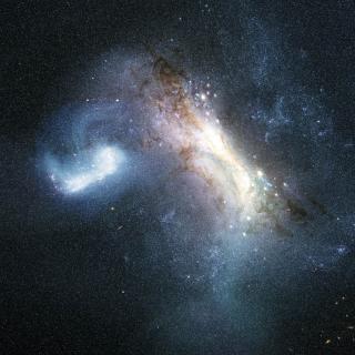 Representación artística de la colisión entre una galaxia enana conocida como LKH (izquierda) y una Vía Láctea joven (derecha), hace unos 12.000 millones de años.