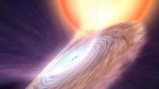 Binaria de rayos X Impresión artística de la binaria de rayos-X Swift J1858.6-0814. Vemos cómo la estrella de neutrones se alimenta, por medio de un disco de acreción, del material que ha despojado de la estrella que le acompaña, y cómo parte de ese material es expulsado en forma de un viento cálido. Crédito: Gabriel Pérez, SMM (IAC).