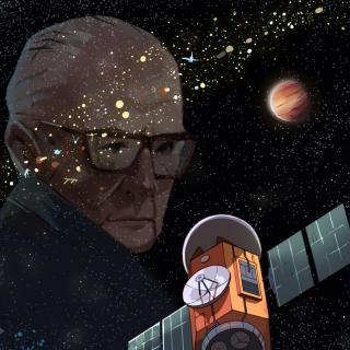Artistic representations of a Clarke exobelt with and without a portrait of Sir Arthur C. Clarke Artistic representations of a Clarke exobelt with and without a portrait of Sir Arthur C. Clarke