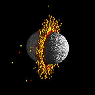 Simulación hidrodinámica de una colisión frontal de alta velocidad entre dos planetas de la masa terrestre. Simulación hidrodinámica de una colisión frontal de alta velocidad entre dos planetas de la masa terrestre.