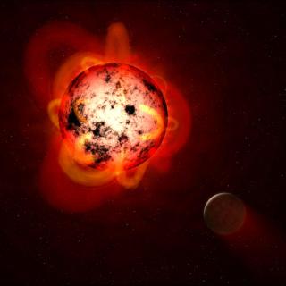 Ilustración de una estrella enana M cubierta de manchas estelares. NASA/ESA/STScI/G. Bacon.