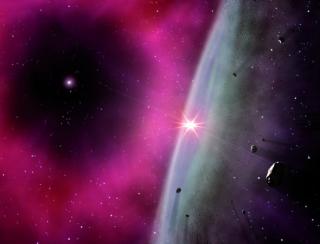 Visión artística del disco protoplanetario en los primeros instantes de formación del Sistema solar, bañado en los residuos de una estrella AGB cercana de seis masas solares. Así se explica la incorporación de los elementos radioactivos identificados en l 8095