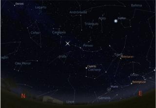 Imagen: Representación del cielo nocturno correspondiente a las 5:00 h del sábado 13 de agosto de 2011, y a la localización del Observatorio del Teide en Tenerife, Canarias. La imagen se ha obtenido con el programa gratuito de código abierto stellarium. L 8160