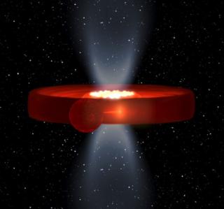 Edge-on view of the accretion disc, as seen from the Earth. A raised structure (like a donut), seen in the interior, causes the light from the inner parts of the disc (those closest to the black hole) to be eclipsed. This 'donut' gyrates around the black Edge-on view of the accretion disc, as seen from the Earth. A raised structure (like a donut), seen in the interior, causes the light from the inner parts of the disc (those closest to the black hole) to be eclipsed. This 'donut' gyrates around the black
